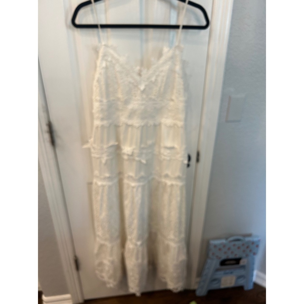 POL Maxi Dress White Lace Eyelet Tiered Boho Bridal Summer‎ Festival